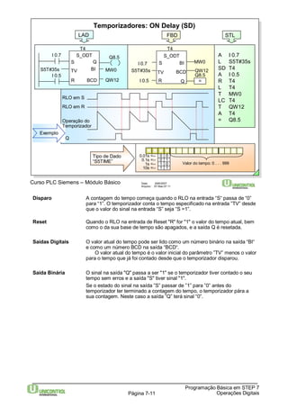 Temporizadores: ON Delay (SD) 
S Q 
BI 
S5T#35s 
S5T#35s 
Curso PLC Siemens – Módulo Básico Data: 29/6/2007 
Arquivo: S7-Bas-07.11 
BI 
Q8.5 
Disparo A contagem do tempo começa quando o RLO na entrada “S“ passa de “0” 
para “1”. O temporizador conta o tempo especificado na entrada ”TV” desde 
que o valor do sinal na entrada “S” seja “S =1”. 
Reset Quando o RLO na entrada de Reset "R" for "1" o valor do tempo atual, bem 
como o da sua base de tempo são apagados, e a saída Q é resetada. 
Saídas Digitais O valor atual do tempo pode ser lido como um número binário na saída “BI“ 
O valor atual do tempo é o valor inicial do parâmetro ”TV” menos o valor 
para o tempo que já foi contado desde que o temporizador disparou. 
Saída Binária O sinal na saída "Q" passa a ser "1" se o temporizador tiver contado o seu 
tempo sem erros e a saída "S" tiver sinal "1". 
Se o estado do sinal na saída ”S” passar de ”1” para ”0” antes do 
temporizador ter terminado a contagem do tempo, o temporizador pára a 
sua contagem. Neste caso a saída ”Q” terá sinal “0”. 
Programação Básica em STEP 7 
e como um número BCD na saída “BCD“. 
Página 7-11 Operações Digitais 
LAD 
T4 
S_ODT 
TV 
BCD 
R 
I 0.7 
I 0.5 
Q8.5 
MW0 
QW12 
FBD 
S_ODT 
TV 
Q 
R 
I 0.7 
I 0.5 
MW0 
QW12 
T4 
BCD 
= 
S 
STL 
A I 0.7 
L S5T#35s 
SD T4 
A I 0.5 
R T4 
L T4 
T MW0 
LC T4 
T QW12 
A T4 
= Q8.5 
Exemplo 
RLO em S 
RLO em R 
Operação do 
Temporizador 
Q 
Valor do tempo: 0 . . . 999 
0.01s <-- 
0.1s <-- 
1s <-- 
10s <-- 
0 0 
0 1 
1 0 
1 1 
Tipo de Dado 
“S5TIME” 
 