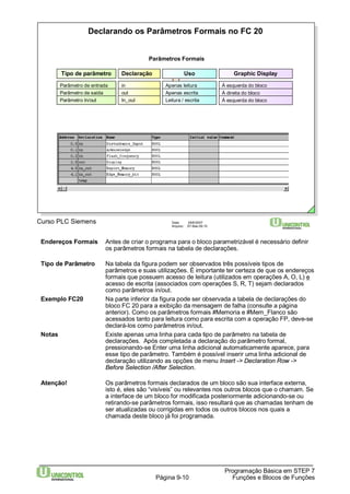 Declarando os Parâmetros Formais no FC 20 
Parâmetros Formais 
Uso Graphic Display 
Apenas leitura À esquerda do bloco 
Apenas escrita À direita do bloco 
Programação Básica em STEP 7 
Curso PLC Siemens Data: 29/6/2007 
Arquivo: S7-Bas-09.10 
Página 9-10 Funções e Blocos de Funções 
Tipo de parâmetro 
Parâmetro de entrada 
Parâmetro de saída 
Parâmetro In/out 
Declaração 
in 
out 
In_out Leitura / escrita À esquerda do bloco 
Endereços Formais Antes de criar o programa para o bloco parametrizável é necessário definir 
os parâmetros formais na tabela de declarações. 
Tipo de Parâmetro Na tabela da figura podem ser observados três possíveis tipos de 
parâmetros e suas utilizações. É importante ter certeza de que os endereços 
formais que possuem acesso de leitura (utilizados em operações A, O, L) e 
acesso de escrita (associados com operações S, R, T) sejam declarados 
como parâmetros in/out. 
Exemplo FC20 Na parte inferior da figura pode ser observada a tabela de declarações do 
bloco FC 20 para a exibição da mensagem de falha (consulte a página 
anterior). Como os parâmetros formais #Memoria e #Mem_Flanco são 
acessados tanto para leitura como para escrita com a operação FP, deve-se 
declará-los como parâmetros in/out. 
Notas Existe apenas uma linha para cada tipo de parâmetro na tabela de 
declarações. Após completada a declaração do parâmetro formal, 
pressionando-se Enter uma linha adicional automaticamente aparece, para 
esse tipo de parâmetro. Também é possível inserir uma linha adicional de 
declaração utilizando as opções de menu Insert -> Declaration Row -> 
Before Selection /After Selection. 
Atenção! Os parâmetros formais declarados de um bloco são sua interface externa, 
isto é, eles são “visíveis” ou relevantes nos outros blocos que o chamam. Se 
a interface de um bloco for modificada posteriormente adicionando-se ou 
retirando-se parâmetros formais, isso resultará que as chamadas tenham de 
ser atualizadas ou corrigidas em todos os outros blocos nos quais a 
chamada deste bloco já foi programada. 
 