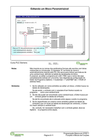 Editando um Bloco Parametrizável 
Notas Não importa se os nomes dos parâmetros formais são escritos com letras 
maiúsculas ou minúsculas. O caractere “#” na frente do nome é 
automaticamente inserido pelo PG. Ele serve para indicar que trata-se de 
uma variável local, definida na tabela de declarações do bloco. 
É possível, ao editar o programa em LAD / FBD, que o nome não seja 
completamente exibido em uma linha. Isso depende da configuração do 
Editor de Programa (Options -> Customize -> "LAD/FBD" tab -> Width of 
address field). 
Símbolos 1. Se for utilizado um nome simbólico ao editar um bloco, o Editor busca na 
tabela de declarações. 
Se ele existir, o símbolo com o caractere # em frente é aceito no 
programa como uma variável local. 
2. Se ele não puder ser encontrado como variável local, o Editor busca por 
um símbolo global na tabela de símbolos. 
Se ele for encontrado ele é colocado entre aspas e aceito no programa. 
3. Se for especificado um mesmo nome simbólico global (na tabela de 
símbolos) que um local (na tabela de declaração de variáveis), o Editor 
Se, contudo, for necessário trabalhar com o símbolo global, deve-se 
Programação Básica em STEP 7 
Para um FC não-parametrizável, aqui seria, por ex.: 
• com endereçamento absoluto: I 1.3 
• com endereçamento simbólico: "End_esq“ 
Curso PLC Siemens Data: 29/6/2007 
Arquivo: S7-Bas-09.11 
irá inserir sempre a variável local. 
digitá-lo no programa entre aspas. 
Página 9-11 Funções e Blocos de Funções 
 