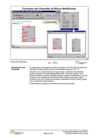 Correções nas Chamadas de Blocos Modificados 
Atualizando uma As chamadas inconsistentes do bloco (na figura o FC 20) são marcadas em 
Chamada vermelho no bloco aberto que faz a chamada (na figura o FC 17). 
Clicando com o botão direito do mouse sobre a chamada inconsistente 
pode-se escolher a função Update Block Call na lista de opções. Uma 
janela é exibida na qual a chamada do bloco antiga (inconsistente) e a nova 
(na figura com o parâmetro adicional "Check_Lights") aparecem. Após 
confirmar com OK, é possível completar o parâmetro formal "Check_Lights" 
com o parâmetro atual restante. 
O DB Instance é gerado novamente para blocos de função. 
Programação Básica em STEP 7 
1x com o direito 
Curso PLC Siemens Data: 29/6/2007 
Arquivo: S7-Bas-09.20 
Página 9-20 Funções e Blocos de Funções 
 
