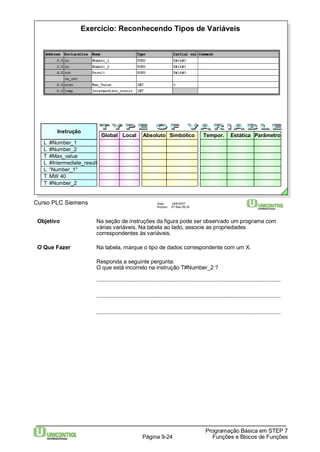 Exercício: Reconhecendo Tipos de Variáveis 
Absoluto Simbólico Tempor. Estática Parâmetro 
Programação Básica em STEP 7 
Instrução 
L #Number_2 
L #Intermediate_result 
L “Number_1" 
T #Number_2 
Curso PLC Siemens Data: 29/6/2007 
Arquivo: S7-Bas-09.24 
Página 9-24 Funções e Blocos de Funções 
L #Number_1 
T #Max_value 
T MW 40 
Global Local 
Objetivo Na seção de instruções da figura pode ser observado um programa com 
várias variáveis. Na tabela ao lado, associe as propriedades 
correspondentes às variáveis. 
O Que Fazer Na tabela, marque o tipo de dados correspondente com um X. 
Responda a seguinte pergunta: 
O que está incorreto na instrução T#Number_2 ? 
....................................................................................................................... 
....................................................................................................................... 
....................................................................................................................... 
 
