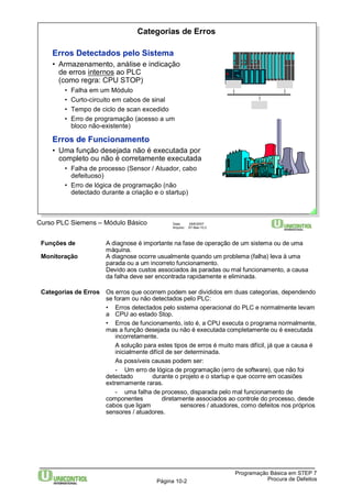 Categorias de Erros 
Erros Detectados pelo Sistema 
• Armazenamento, análise e indicação 
de erros internos ao PLC 
(como regra: CPU STOP) 
• Falha em um Módulo 
• Curto-circuito em cabos de sinal 
• Tempo de ciclo de scan excedido 
• Erro de programação (acesso a um 
bloco não-existente) 
Erros de Funcionamento 
• Uma função desejada não é executada por 
completo ou não é corretamente executada 
• Falha de processo (Sensor / Atuador, cabo 
defeituoso) 
• Erro de lógica de programação (não 
detectado durante a criação e o startup) 
Curso PLC Siemens – Módulo Básico Data: 29/6/2007 
Arquivo: S7-Bas-10.2 
Funções de A diagnose é importante na fase de operação de um sistema ou de uma 
Programação Básica em STEP 7 
Página 10-2 Procura de Defeitos 
máquina. 
Monitoração A diagnose ocorre usualmente quando um problema (falha) leva à uma 
parada ou a um incorreto funcionamento. 
Devido aos custos associados às paradas ou mal funcionamento, a causa 
da falha deve ser encontrada rapidamente e eliminada. 
Categorias de Erros Os erros que ocorrem podem ser divididos em duas categorias, dependendo 
se foram ou não detectados pelo PLC: 
• Erros detectados pelo sistema operacional do PLC e normalmente levam 
a CPU ao estado Stop. 
• Erros de funcionamento, isto é, a CPU executa o programa normalmente, 
mas a função desejada ou não é executada completamente ou é executada 
incorretamente. 
A solução para estes tipos de erros é muito mais difícil, já que a causa é 
inicialmente difícil de ser determinada. 
As possíveis causas podem ser: 
- Um erro de lógica de programação (erro de software), que não foi 
detectado durante o projeto e o startup e que ocorre em ocasiões 
extremamente raras. 
- uma falha de processo, disparada pelo mal funcionamento de 
componentes diretamente associados ao controle do processo, desde 
cabos que ligam sensores / atuadores, como defeitos nos próprios 
sensores / atuadores. 
 