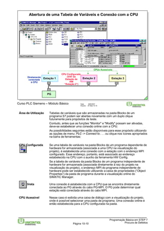 Abertura de uma Tabela de Variáveis e Conexão com a CPU 
CPU Configurada 
(VAT da 
Estação de 
CPUs Acessíveis 
Diretamente Estação 2 
conectada 
HW 
“Estação 2”) 
Curso PLC Siemens – Módulo Básico Data: 29/6/2007 
Arquivo: S7-Bas-10.10 
Área de Utilização Tabelas de variáveis que são armazenadas na pasta Blocks de um 
programa S7 podem ser abertas novamente com um duplo clique 
futuramente para propósitos de teste. 
Contudo, antes que as funções "Monitor" e "Modify" possam ser ativadas, 
deve-se estabelecer uma conexão online com a CPU. 
As possibilidades seguintes estão disponíveis para esse propósito utilizando 
as opções de menu: PLC -> Connect to . . . ou clique nos ícones apropriados 
na barra de ferramentas: 
CPU Configurada Se uma tabela de variáveis na pasta Blocks de um programa dependente de 
hardware for armazenada (associada a uma CPU na visualização do 
projeto), é estabelecida uma conexão com a estação com o endereço MPI 
configurado. Esse endereço, portanto, está associado ao endereço 
estabelecido na CPU com o auxílio da ferramenta HW Config. 
Se a tabela de variáveis da pasta Blocks de um programa independente de 
hardware for armazenada (associada diretamente à raiz do projeto na 
visualização do projeto), o endereço MPI do programa independente de 
hardware pode ser estabelecido utilizando a caixa de propriedades (“Object 
Properties”) da pasta de programa durante a visualização online do 
SIMATIC Manager. 
CPU Direta Uma conexão é estabelecida com a CPU que se encontra diretamente 
conectada ao PG através do cabo PG-MPI. O PG pode determinar qual 
estação está conectada através do cabo MPI. 
CPU Acessível Nesse caso é exibida uma caixa de diálogo com a visualização do projeto, 
onde é possível selecionar uma pasta de programa. Uma conexão online é 
então estabelecida para a CPU configurada na pasta. 
Programação Básica em STEP 7 
Página 10-10 Procura de Defeitos 
à CPU 
Estação 1 
PG 
Estação 3 
 