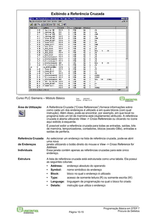 Exibindo a Referência Cruzada 
Curso PLC Siemens – Módulo Básico Data: 29/6/2007 
Arquivo: S7-Bas-10.15 
Área de Utilização A Referência Cruzada (“Cross References”) fornece informações sobre 
como cada um dos endereços é utilizado e em quais blocos (com qual 
instrução). Além disso, pode-se encontrar, por exemplo, em que local no 
programa todo um bit de memória está (duplamente) atribuído. A referência 
cruzada é aberta utilizando View -> Cross References ou clicando no ícone 
aqui exibido à esquerda. 
É possível exibir a referência cruzada para todas as entradas, saídas, bits 
de memória, temporizadores, contadores, blocos (exceto OBs), entradas e 
saídas de periferia. 
Referência Cruzada Ao selecionar um endereço na lista de referência cruzada, pode-se abrir 
Programação Básica em STEP 7 
Página 10-15 Procura de Defeitos 
uma nova 
de Endereços janela utilizando o botão direito do mouse e View -> Cross Reference for 
Address. 
Individuais Essa janela contém apenas as referências cruzadas para este único 
endereço. 
Estrutura A lista de referência cruzada está estruturada como uma tabela. Ela possui 
as seguintes colunas: 
• Address: endereço absoluto do operando 
• Symbol: nome simbólico do endereço 
• Block: bloco no qual o endereço é utilizado 
• Type: acesso de somente leitura (R) ou somente escrita (W) 
• Language: linguagem de programação na qual o bloco foi criado 
• Details: instrução que utiliza o endereço 
 
