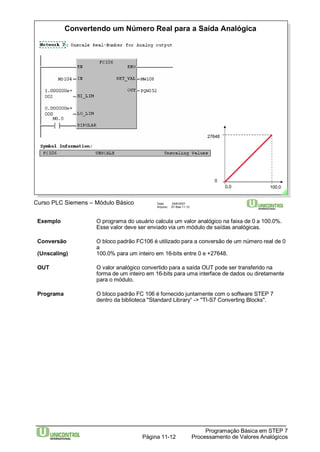Convertendo um Número Real para a Saída Analógica 
Curso PLC Siemens – Módulo Básico Data: 29/6/2007 
Arquivo: S7-Bas-11.12 
27648 
0 
0,0 100,0 
Exemplo O programa do usuário calcula um valor analógico na faixa de 0 a 100.0%. 
Esse valor deve ser enviado via um módulo de saídas analógicas. 
Conversão O bloco padrão FC106 é utilizado para a conversão de um número real de 0 
Programação Básica em STEP 7 
Processamento Página 11-12 de Valores Analógicos 
a 
(Unscaling) 100.0% para um inteiro em 16-bits entre 0 e +27648. 
OUT O valor analógico convertido para a saída OUT pode ser transferido na 
forma de um inteiro em 16-bits para uma interface de dados ou diretamente 
para o módulo. 
Programa O bloco padrão FC 106 é fornecido juntamente com o software STEP 7 
dentro da biblioteca "Standard Library“ -> "TI-S7 Converting Blocks". 
 
