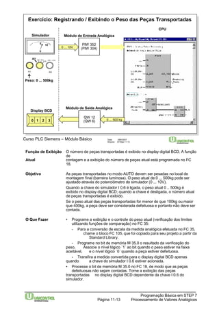 Exercício: Registrando / Exibindo o Peso das Peças Transportadas 
Simulador Módulo de Entrada Analógica 
0 10 PIW 352 
V 
-15V...+15V AI1 AI2 AO1 
AO2 
Módulo de Saída Analógica 
Curso PLC Siemens – Módulo Básico Data: 29/6/2007 
Arquivo: S7-Bas-11.13 
Função de Exibição O número de peças transportadas é exibido no display digital BCD. A função 
Programação Básica em STEP 7 
Processamento Página 11-13 de Valores Analógicos 
de 
Atual contagem e a exibição do número de peças atual está programada no FC 
18. 
Objetivo As peças transportadas no modo AUTO devem ser pesadas no local de 
montagem final (barreira luminosa). O peso atual de 0 ... 500kg pode ser 
ajustado através do potenciômetro do simulador (0 ... 10V). 
Quando a chave do simulador I 0.6 é ligada, o peso atual 0 .. 500kg é 
exibido no display digital BCD; quando a chave é desligada, o número atual 
de peças transportadas é exibido. 
Se o peso atual das peças transportadas for menor do que 100kg ou maior 
que 400kg, a peça deve ser considerada defeituosa e portanto não deve ser 
contada. 
O Que Fazer • Programe a exibição e o controle do peso atual (verificação dos limites 
utilizando funções de comparação) no FC 35: 
- Para a conversão de escala da medida analógica efetuada no FC 35, 
chame o bloco FC 105, que foi copiado para seu projeto a partir da 
Standard Library. 
- Programe no bit de memória M 35.0 o resultado da verificação do 
peso. Associe o nível lógico ´1´ ao bit quando o peso estiver na faixa 
aceitável, e o nível lógico ´0´ quando a peça estiver defeituosa. 
- Transfira a medida convertida para o display digital BCD apenas 
quando a chave do simulador I 0.6 estiver acionada. 
• Processe o bit de memória M 35.0 no FC 18, de modo que as peças 
defeituosas não sejam contadas. Torne a exibição das peças 
transportadas no display digital BCD dependente da chave I 0.6 do 
simulador. 
AI1 AI2 
Peso: 0 ... 500kg 
(PIW 304) 
CPU 
QW 12 
(QW 6) 
Display BCD 
0 1 2 3 
0 ... 10V 0 ... 27648 
0 ... 500 kg 
 