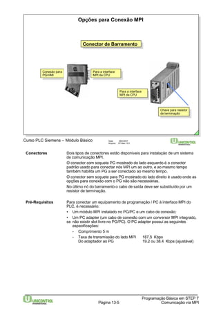 Opções para Conexão MPI 
CCoonneecctotorrddeeBBaarrrarammeenntoto 
Para a interface 
MPI da CPU 
Para a interface 
MPI da CPU 
Data: 29/6/2007 
Arquivo: S7-Bas-13.5 
Conexão para 
PG/HMI 
Conexão para 
PG/HMI 
Chave para resistor 
de terminação 
Conectores Dois tipos de conectores estão disponíveis para instalação de um sistema 
de comunicação MPI. 
O conector com soquete PG mostrado do lado esquerdo é o conector 
padrão usado para conectar nós MPI um ao outro, e ao mesmo tempo 
também habilita um PG a ser conectado ao mesmo tempo. 
O conector sem soquete para PG mostrado do lado direito é usado onde as 
opções para conexão com o PG não são necessárias. 
No último nó do barramento o cabo de saída deve ser substituído por um 
resistor de terminação. 
Pré-Requisitos Para conectar um equipamento de programação / PC à interface MPI do 
PLC, é necessário: 
• Um módulo MPI instalado no PG/PC e um cabo de conexão; 
• Um PC adapter (um cabo de conexão com um conversor MPI integrado, 
se não existir slot livre no PG/PC). O PC adapter possui as seguintes 
especificações: 
- Comprimento 5 m 
- Taxa de transmissão do lado MPI 187.5 Kbps 
Do adaptador ao PG 19.2 ou 38.4 Kbps (ajustável) 
Programação Básica em STEP 7 
Página 13-5 Comunicação via MPI 
Curso PLC Siemens – Módulo Básico 
Para a interface 
MPI da CPU 
Chave para resistor 
de terminação 
Para a interface 
MPI da CPU 
 