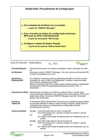Global Data: Procedimento de Configuração 
q Crie estações de hardware em um projeto 
q Crie estações de hardware em um projeto 
¦ a partir do "SIMATIC Manager" 
¦ a partir do "SIMATIC Manager" 
q Crie e transfira os dados de configuração (endereço 
MPI) para as CPUs individualmente 
q Crie e transfira os dados de configuração (endereço 
MPI) para as CPUs individualmente 
¦ a partir da ferramenta "HW Config" 
¦ a partir da ferramenta "HW Config" 
q Configure a tabela de Dados Globais 
q Configure a tabela de Dados Globais 
¦ a partir da ferramenta "Define Global Data" 
¦ a partir da ferramenta "Define Global Data" 
Criando Estações Primeiramente devem ser criadas as estações a serem colocadas em rede 
Programação Básica em STEP 7 
Página 13-8 Comunicação via MPI 
em 
de Hardware um projeto usando o SIMATIC Manager. Feito isto, abre-se a ferramenta HW 
Config e as estações uma a uma. 
Ajustando o Ao configurar o hardware, deve-se explicitamente definir as CPUs a serem 
Endereço MPI colocadas em rede via MPI como”Networked” e atribuir a cada uma delas 
seus próprios endereços de nó MPI. 
Salve os parâmetros da CPU no disco rígido e então transfira a configuração 
de dados para cada CPU separadamente (ponto-a ponto) ("PLC -> 
Download"). 
Colocando em Rede Interconectam-se então os nós MPI com cabos Profibus. A partir disso, 
torna-se possível estabelecer uma conexão online com todas as CPUs. Para 
testar basta utilizar a função do SIMATIC Manager chamada "Accessible 
Nodes" (nós acessíveis). 
Criando a A ferramenta "Define Global Data" serve para criar a tabela de dados globais 
Tabela GD na qual são definidos os dados a serem trocados. Depois a tabela deve ser 
compilada duas vezes e a correspondente configuração de dados 
transferida para as CPUs. 
Volume de Dados S7-300 : Uma CPU pode estar em até 4 círculos GD. 
Uma CPU pode enviar 1 pacote e receber no máximo 1 pacote 
por círculo GD. 
Um máximo de 22 bytes de dados podem ser transferidos com um 
pacote. 
S7-400 : Uma CPU pode estar em até 16 círculos GD 
Uma CPU pode enviar 1 pacote e receber no máximo 1 pacote 
por círculo GD. 
Um máximo de 54 bytes de dados podem ser transferidos com um 
pacote. 
Data: 29/6/2007 
Arquivo: S7-Bas-13.8 
Curso PLC Siemens – Módulo Básico 
 