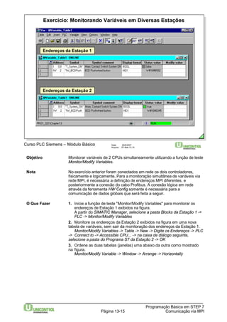 Exercício: Monitorando Variáveis em Diversas Estações 
Programação Básica em STEP 7 
Data: 29/6/2007 
Arquivo: S7-Bas-13.15 
Página 13-15 Comunicação via MPI 
Endereços da Estação 1 
Endereços da Estação 2 
Curso PLC Siemens – Módulo Básico 
Objetivo Monitorar variáveis de 2 CPUs simultaneamente utilizando a função de teste 
Monitor/Modify Variables. 
Nota No exercício anterior foram conectados em rede os dois controladores, 
fisicamente e logicamente. Para a monitoração simultânea de variáveis via 
rede MPI, é necessária a definição de endereços MPI diferentes, e 
posteriormente a conexão do cabo Profibus. A conexão lógica em rede 
através da ferramenta HW Config somente é necessária para a 
comunicação de dados globais que será feita a seguir. 
O Que Fazer 1. Inicie a função de teste "Monitor/Modify Variables" para monitorar os 
endereços de Estação 1 exibidos na figura. 
A partir do SIMATIC Manager, selecione a pasta Blocks da Estação 1 -> 
PLC -> Monitor/Modify Variables 
2. Monitore os endereços da Estação 2 exibidos na figura em uma nova 
tabela de variáveis, sem sair da monitoração dos endereços da Estação 1. 
Monitor/Modify Variables -> Table -> New -> Digite os Endereços -> PLC 
-> Connect to -> Accessible CPU... -> na caixa de diálogo seguinte, 
selecione a pasta do Programa S7 da Estação 2 -> OK 
3. Ordene as duas tabelas (janelas) uma abaixo da outra como mostrado 
na figura. 
Monitor/Modify Variable -> Window -> Arrange -> Horizontally 
 