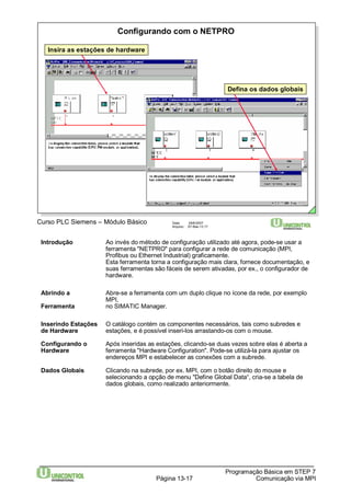Configurando com o NETPRO 
Data: 29/6/2007 
Arquivo: S7-Bas-13.17 
Insira as estações de hardware 
Curso PLC Siemens – Módulo Básico 
Defina os dados globais 
Introdução Ao invés do método de configuração utilizado até agora, pode-se usar a 
ferramenta "NETPRO" para configurar a rede de comunicação (MPI, 
Profibus ou Ethernet Industrial) graficamente. 
Esta ferramenta torna a configuração mais clara, fornece documentação, e 
suas ferramentas são fáceis de serem ativadas, por ex., o configurador de 
hardware. 
Abrindo a Abre-se a ferramenta com um duplo clique no ícone da rede, por exemplo 
Programação Básica em STEP 7 
Página 13-17 Comunicação via MPI 
MPI, 
Ferramenta no SIMATIC Manager. 
Inserindo Estações O catálogo contém os componentes necessários, tais como subredes e 
de Hardware estações, e é possível inseri-los arrastando-os com o mouse. 
Configurando o Após inseridas as estações, clicando-se duas vezes sobre elas é aberta a 
Hardware ferramenta "Hardware Configuration". Pode-se utilizá-la para ajustar os 
endereços MPI e estabelecer as conexões com a subrede. 
Dados Globais Clicando na subrede, por ex. MPI, com o botão direito do mouse e 
selecionando a opção de menu "Define Global Data“, cria-se a tabela de 
dados globais, como realizado anteriormente. 
 