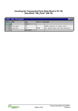 Counting the Transported Parts (Data Word in FC 18) 
Data Block "DB_Parts" (DB 18) 
Programação Básica em STEP 7 
Página 14-20 Solutions 
 