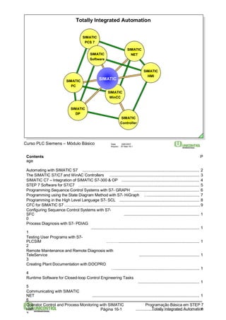 Totally Integrated Automation 
SIMATIC 
SIMATIC 
WinCC 
SIMATIC 
PC 
SIMATIC 
PCS 7 
SIMATIC 
DP 
SIMATIC 
NET 
SIMATIC 
Controller 
SIMATIC 
Software 
Curso PLC Siemens – Módulo Básico Data: 29/6/2007 
Arquivo: S7-Bas-16.1 
SIMATIC 
HMI 
Contents P 
age 
Automating with SIMATIC S7 ........................................................................................................... 2 
The SIMATIC S7/C7 andWinAC Controllers .................................................................................. 3 
SIMATIC C7 – Integration of SIMATIC S7-300 & OP ....................................................................... 4 
STEP 7 Software for S7/C7 …........................................................................................................... 5 
Programming Sequence Control Systems with S7- GRAPH ............................................................ 6 
Programming using the State Diagram Method with S7- HiGraph …............................................... 7 
Programming in the High Level Language S7- SCL ......................................................................... 8 
CFC for SIMATIC S7 ............................................................................................................................ 9 
Configuring Sequence Control Systems with S7- 
SFC ..................................................................... 1 
Programação Básica em STEP 7 
Totally Página 16-1 Integrated Automation 
0 Process Diagnosis with S7- PDIAG 
................................................................................................... 1 
1T 
esting User Programs with S7- 
PLCSIM ……….......................................................................... 1 
2 Remote Maintenance and Remote Diagnosis with 
TeleService ....................................................... 1 
3 Creating Plant Documentation with DOCPRO 
…............................................................................. 1 
4 Runtime Software for Closed-loop Control Engineering Tasks 
........................................................ 1 
5 Communicating with SIMATIC 
NET .................................................................................................. 1 
6O 
perator Control and Process Monitoring with SIMATIC 
HMI .......................................................... 1 
7 
 