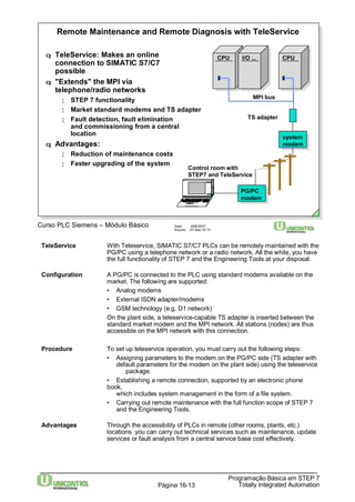 Remote Maintenance and Remote Diagnosis with TeleService 
¦ STEP 7 functionality 
¦ Market standard modems and TS adapter 
¦ Fault detection, fault elimination 
Control roomwith 
STEP7 and TeleService 
q TeleService: Makes an online 
connection to SIMATIC S7/C7 
possible 
q "Extends" the MPI via 
telephone/radio networks 
and commissioning froma central 
location 
Curso PLC Siemens – Módulo Básico Data: 29/6/2007 
Arquivo: S7-Bas-16.13 
CPU I/O ... 
MPI bus 
TS adapter 
PG/PC 
modem 
CPU 
system 
modem 
TeleService With Teleservice, SIMATIC S7/C7 PLCs can be remotely maintained with the 
PG/PC using a telephone network or a radio network. All the while, you have 
the full functionality of STEP 7 and the Engineering Tools at your disposal. 
Configuration A PG/PC is connected to the PLC using standard modems available on the 
market. The following are supported: 
• Analog modems 
• External ISDN adapter/modems 
• GSM technology (e.g. D1 network) 
On the plant side, a teleservice-capable TS adapter is inserted between the 
standard market modem and the MPI network. All stations (nodes) are thus 
accessible on the MPI network with this connection. 
Procedure To set up teleservice operation, you must carry out the following steps: 
• Assigning parameters to the modem on the PG/PC side (TS adapter with 
default parameters for the modem on the plant side) using the teleservice 
Programação Básica em STEP 7 
Totally Página 16-13 Integrated Automation 
package. 
• Establishing a remote connection, supported by an electronic phone 
book, 
which includes system management in the form of a file system. 
• Carrying out remote maintenance with the full function scope of STEP 7 
and the Engineering Tools. 
Advantages Through the accessibility of PLCs in remote (other rooms, plants, etc.) 
locations you can carry out technical services such as maintenance, update 
services or fault analysis from a central service base cost effectively. 
q Advantages: 
¦ Reduction of maintenance costs 
¦ Faster upgrading of the system 
 