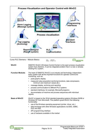 Process Visualization and Operator Control with WinCC 
Ventil geschlossen 
Klappe zu 
Tag Logging 
(Archiving) 
Curso PLC Siemens – Módulo Básico Data: 29/6/2007 
Arquivo: S7-Bas-16.19 
WinCC SIMATIC WinCC (Windows Control Center) is the open process visualization 
system from Siemens. It can be integrated problemfree in a new or already 
existing PLC system. 
Function Modules The heart of SIMATICWinCC is an industry and technology independent 
basic system with all the important functions for operator control and 
monitoring, such as: 
• pixel graphic display 
• measured value acquisition (archiving functions, data compression, 
• message display, archiving and reporting 
• process communication to different PLC systems 
• standard interfaces, for example, Microsoft programs 
• documentation of machine and process sequences with individual 
reports. 
Basis of WinCC WinCC is based on the 32-bit standard operating systems Windows 95/98 or 
Windows NT from Mircrosoft. This platform gives WinCC the following 
functionality: 
• use of theWindows operating equipment (printer, driver, etc.) 
• data exchange with otherWindows applications via DDE, ODBC, 
Programação Básica em STEP 7 
minimum and maximumvalues etc.) 
Totally Página 16-19 Integrated Automation 
OLE and SQL. 
• API programming interface 
• use of hardware available in the market 
anzahl () 
float zae 
begin 
if wert > 0 
begom 
zae = zae + 1 
end 
end 
Programming 
Interfaces 
PLC 
Communication 
Protokolle 
Report Designer 
(Report system) 
Motor ein 
Alarm Logging 
(Message system) 
Standard 
Interfaces 
Process visualization 
 