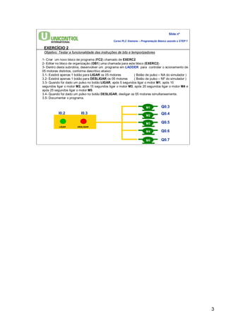 3 
Slide nº 
Curso PLC Siemens – Programação Básica usando o STEP 7 
EXERCÍCIO 2 
Objetivo: Testar a funcionalidade das instruções de bits e temporizadores 
1- Criar um novo bloco de programa (FC2) chamado de EXERC2 
2- Editar no bloco de organização (OB1) uma chamada para este bloco (EXERC2) 
3- Dentro desta subrotina, desenvolver um programa em LADDER para controlar o acionamento de 
05 motores distintos, conforme descritivo abaixo: 
3.1- Existirá apenas 1 botão para LIGAR os 05 motores ( Botão de pulso – NA do simulador ) 
3.2- Existirá apenas 1 botão para DESLIGAR os 05 motores ( Botão de pulso – NF do simulador ) 
3.3- Quando for dado um pulso no botão LIGAR, após 5 segundos ligar o motor M1, após 10 
segundos ligar o motor M2, após 15 segundos ligar o motor M3, após 20 segundos ligar o motor M4 e 
após 25 segundos ligar o motor M5. 
3.4- Quando for dado um pulso no botão DESLIGAR, desligar os 05 motores simultaneamente. 
3.5- Documentar o programa. 
LIGAR DESLIGAR 
M1 
M2 
M3 
M4 
M5 
I0.2 I0.3 
Q0.3 
Q0.4 
Q0.5 
Q0.6 
Q0.7 
 