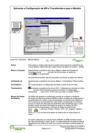 Salvando a Configuração de HW e Transferindo-a para o Módulo 
Salvar Para salvar a configuração atual no projeto atual selecione a seqüência de 
menus Station->Save (não são criados blocos de dados de sistema - SDBs). 
Salvar e Compilar Selecionando a seqüência de menus Station->Save and Compile ou 
clicando no ícone da barra de ferramentas, os dados de 
configuração e de atribuição 
de parâmetros também são armazenados nos blocos de dados de sistema. 
Verificação da Selecionando a seqüência de menus Station -> Consistency Check verifica-se 
Consistência se é possível gerar a configuração de dados a partir do que foi feito. 
Transferência Selecionando a seqüência de menus PLC -> Download ou clicando no ícone 
da barra de ferramentas é possível transferir a configuração 
selecionada para o PLC. O PLC tem que estar no estado "STOP“! 
Blocos de Dados Os SDBs são gerados e modificados quando se configura o hardware. 
de Sistema Os blocos de dados de sistema (SDBs) contêm os dados da configuração e 
os parâmetros do módulo, e são armazenados na memória de trabalho da 
CPU quando da sua transferência. Isso facilita a substituição de módulos, 
porque os dados de atribuição de parâmetros são transferidos para o novo 
módulo a partir dos blocos de dados de sistema no startup da CPU. 
No terminal de programação, os blocos de dados de sistema são 
armazenados no caminho: Project  Station  CPU  S7_program  Blocks  
System_data. 
Para abrir a lista de blocos de dados de sistema dê um duplo-clique no 
ícone 
Se estiver utilizando um módulo Flash EPROM, os SDBs também devem 
ser nele armazenados. Assim sendo, a configuração não se perde se estiver 
trabalhando sem bateria de back-up e ocorrer uma falha na alimentação da 
CPU. 
Página 3-12 
Programação Básica em STEP 7 
Configuração do Hardware 
Curso PLC Siemens – Módulo Básico Data: 29/6/2007 
Arquivo: S7-Bas-03.12 
Download 
(só quando a CPU 
está no modo STOP) 
 
