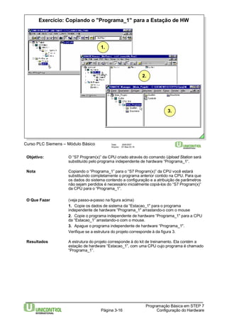 Exercício: Copiando o "Programa_1" para a Estação de HW 
Página 3-16 
Programação Básica em STEP 7 
Configuração do Hardware 
Curso PLC Siemens – Módulo Básico Data: 29/6/2007 
Arquivo: S7-Bas-03.16 
1. 
2. 
3. 
Objetivo: O “S7 Program(x)” da CPU criado através do comando Upload Station será 
substituído pelo programa independente de hardware “Programa_1“. 
Nota Copiando o “Programa_1” para o “S7 Program(x)” da CPU você estará 
substituindo completamente o programa anterior contido na CPU. Para que 
os dados do sistema contendo a configuração e a atribuição de parâmetros 
não sejam perdidos é necessário inicialmente copiá-los do “S7 Program(x)” 
da CPU para o “Programa_1”. 
O Que Fazer (veja passo-a-passo na figura acima) 
1. Copie os dados de sistema da “Estacao_1" para o programa 
independente de hardware “Programa_1" arrastando-o com o mouse 
2. Copie o programa independente de hardware “Programa_1" para a CPU 
da “Estacao_1” arrastando-o com o mouse. 
3. Apague o programa independente de hardware “Programa_1". 
Verifique se a estrutura do projeto corresponde à da figura 3. 
Resultados A estrutura do projeto corresponde à do kit de treinamento. Ela contém a 
estação de hardware “Estacao_1”, com uma CPU cujo programa é chamado 
“Programa_1”. 
 