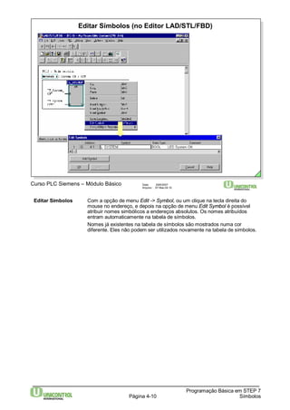 Editar Símbolos (no Editor LAD/STL/FBD) 
Editar Símbolos Com a opção de menu Edit -> Symbol, ou um clique na tecla direita do 
mouse no endereço, e depois na opção de menu Edit Symbol é possível 
atribuir nomes simbólicos a endereços absolutos. Os nomes atribuídos 
entram automaticamente na tabela de símbolos. 
Nomes já existentes na tabela de símbolos são mostrados numa cor 
diferente. Eles não podem ser utilizados novamente na tabela de símbolos. 
Página 4-10 
Programação Básica em STEP 7 
Símbolos 
Curso PLC Siemens – Módulo Básico Data: 29/6/2007 
Arquivo: S7-Bas-04.10 
 
