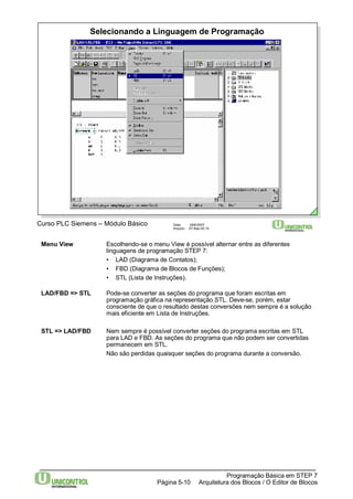 Selecionando a Linguagem de Programação 
Curso PLC Siemens – Módulo Básico Data: 29/6/2007 
Arquivo: S7-Bas-05.10 
Menu View Escolhendo-se o menu View é possível alternar entre as diferentes 
LAD/FBD => STL Pode-se converter as seções do programa que foram escritas em 
programação gráfica na representação STL. Deve-se, porém, estar 
consciente de que o resultado destas conversões nem sempre é a solução 
mais eficiente em Lista de Instruções. 
STL => LAD/FBD Nem sempre é possível converter seções do programa escritas em STL 
para LAD e FBD. As seções do programa que não podem ser convertidas 
permanecem em STL. 
Não são perdidas quaisquer seções do programa durante a conversão. 
Programação Básica em STEP 7 
linguagens de programação STEP 7: 
• LAD (Diagrama de Contatos); 
• FBD (Diagrama de Blocos de Funções); 
• STL (Lista de Instruções). 
Arquitetura dos Página 5-10 Blocos / O Editor de Blocos 
 
