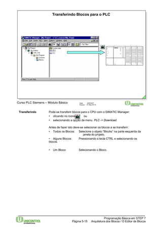 Transferindo Blocos para o PLC 
Curso PLC Siemens – Módulo Básico Data: 29/6/2007 
Arquivo: S7-Bas-05.15 
Transferindo Pode-se transferir blocos para o CPU com o SIMATIC Manager: 
• clicando no ícone ou 
• selecionando a opção de menu PLC -> Download. 
Antes de fazer isto deve-se selecionar os blocos a se transferir: 
• Todos os Blocos: Selecione o objeto "Blocks“ na parte esquerda da 
janela do projeto. 
• Alguns Blocos: Pressionando a tecla CTRL e selecionando os 
blocos. 
• Um Bloco: Selecionando o Bloco. 
Programação Básica em STEP 7 
Arquitetura dos Página 5-15 Blocos / O Editor de Blocos 
 