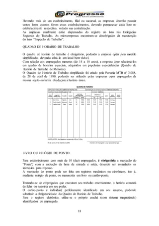 13
Havendo mais de um estabelecimento, filial ou sucursal, as empresas deverão possuir
tantos livros quantos forem esses estabelecimentos, devendo permanecer cada livro no
estabelecimento respectivo, vedado sua centralização.
As empresas atualmente estão dispensadas do registro do livro nas Delegacias
Regionais do Trabalho. As microempresas encontram-se desobrigados da manutenção
do livro “Inspeção do Trabalho”.
QUADRO DE HORÁRIO DE TRABALHO
O quadro de horário de trabalho é obrigatório, podendo a empresa optar pelo modelo
simplificado, devendo afixá-lo em local bem visível.
Com relação aos empregados menores (de 14 a 18 anos), a empresa deve relacioná-los
em quadro de horários especiais, adquiridos em papelarias especializadas (Quadro de
Horário de Trabalho de Menores).
O Quadro de Horário de Trabalho simplificado foi criado pela Portaria MTB nº 3.088,
de 28 de abril de 1980, podendo ser utilizado pelas empresas cujos empregados da
mesma seção ou turma obedeçam a horário único.
LIVRO OU RELÓGIO DE PONTO
Para estabelecimento com mais de 10 (dez) empregados, é obrigatória a marcação do
“Ponto”, com a anotação da hora de entrada e saída, devendo ser assinalados os
intervalos para repouso.
A marcação do ponto pode ser feita em registros mecânicos ou eletrônicos, isto é,
mediante relógio de ponto, ou manuscrita em livro ou cartão-ponto.
Tratando-se de empregados que executam seu trabalho externamente, o horário constará
de ficha ou papeleta em seu poder.
O cartão-ponto é individual, perfeitamente identificado em seu anverso, podendo
substituir a obrigatoriedade do Quadro de Horário de Trabalho.
Para o registro eletrônico, utiliza-se o próprio crachá (com sistema magnetizado)
identificador do empregado.
 