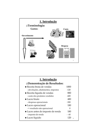 5
1. Introdução
Terminologia:
Gastos:
Despesa
Custo
•Investimento
6
1. Introdução
Demonstração de Resultados:
Receita bruta de vendas 1000
- devoluções, abatimentos, impostos -120
Receita líquida de vendas 880
- custo dos produtos vendidos -400
Lucro bruto 480
- despesas operacionais -300
Lucro operacional 180
- + resultado não operacional 0
Lucro antes do imposto de renda 180
- imposto de renda - 60
Lucro líquido 120
 