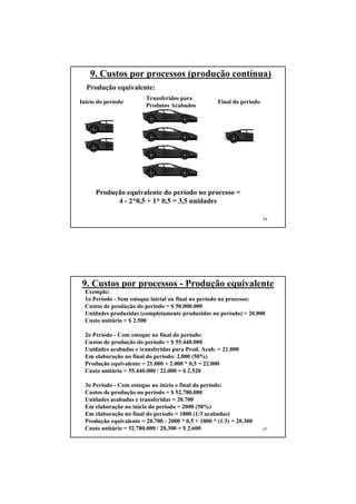 64
9. Custos por processos (produção contínua)
Produção equivalente:
Início do período
Transferidos para
Produtos Acabados
Final do período
Produção equivalente do período no processo =
4 - 2*0,5 + 1* 0,5 = 3,5 unidades
65
9. Custos por processos - Produção equivalente
Exemplo:
1o Período - Sem estoque inicial ou final no período no processo:
Custos de produção do período = $ 50.000.000
Unidades produzidas (completamente produzidas no período) = 20.000
Custo unitário = $ 2.500
2o Período - Com estoque no final do período:
Custos de produção do período = $ 55.440.000
Unidades acabadas e transferidas para Prod. Acab. = 21.000
Em elaboração no final do período: 2.000 (50%)
Produção equivalente = 21.000 + 2.000 * 0,5 = 22.000
Custo unitário = 55.440.000 / 22.000 = $ 2.520
3o Período - Com estoque no início e final do período:
Custos de produção no período = $ 52.780.000
Unidades acabadas e transferidas = 20.700
Em elaboração no início do período = 2000 (50%)
Em elaboração no final do período = 1800 (1/3 acabadas)
Produção equivalente = 20.700 - 2000 * 0,5 + 1800 * (1/3) = 20.300
Custo unitário = 52.780.000 / 20.300 = $ 2.600
 