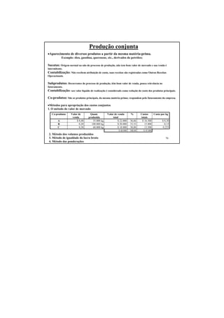 70
Produção conjunta
•Aparecimento de diversos produtos a partir da mesma matéria-prima.
Exemplo: óleo, gasolina, querosene, etc., derivados do petróleo;
Sucatas: Origem normal ou não do processo de produção, não tem bom valor de mercado e sua venda é
intermitente.
Contabilização: Não recebem atribuição de custo, suas receitas são registradas como Outras Receitas
Operacionais.
Subprodutos: Decorrentes do processo de produção, têm bom valor de venda, pouca relevância no
faturamento.
Contabilização: seu valor líquido de realização é considerado como redução do custo dos produtos principais.
Co-produtos: São os produtos principais, da mesma matéria-prima; respondem pelo faturamento da empresa.
•Métodos para apropriação dos custos conjuntos
1. O método do valor de mercado
Co-produtos Valor de
venda
Quant.
produzida
Valor de venda
total
% Custos
totais
Custo por kg
A $ 0,40 55.000 kg $ 22.000 36,66 $ 16.500 $ 0,30
B 0,20 100.000 kg $ 20.000 33,33 15.000 0,15
C 0,30 60.000 kg $ 18.000 30,00 13.500 0,225
$ 60.000 100,00 $ 45.000
2. Método dos volumes produzidos
3. Método de igualdade do lucro bruto
4. Método das ponderações
 