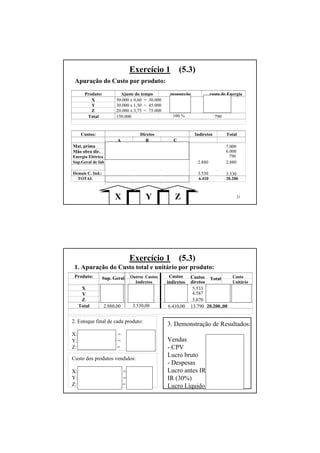 Exercício 1            (5.3)
 Apuração do Custo por produto:
      Produto:            Ajuste do tempo         proporção              custo de Energia
         X              50.000 x 0,60 = 30.000      20%                    158
         Y              30.000 x 1,50 = 45.000      30%                    237
         Z              20.000 x 3,75 = 75.000      50 %                   395
       Total            150.000                    100 %                   790


    Custos:                        Diretos                     Indiretos         Total
                         A           B              C
Mat. prima             3.500       2.100          1.400                          7.000
Mão obra dir.          1.875       2.250          1.875                          6.000
Energia Elétrica        158          237            395                            790
Sup.Geral de fab                                                 2.880           2.880

Demais C. Ind.:                                                  3.530           3.530
  TOTAL                5.533        4.587          3.670         6.410           20.200



                       X              Y              Z                                   21




                               Exercício 1            (5.3)
 1. Apuração do Custo total e unitário por produto:
 Produto:         Sup. Geral   Outros Custos      Custos      Custos     Total       Custo
                                 Indiretos       indiretos    diretos                Unitário
   X                900,00       706,00           1.606,00     5.533     7.139,00    0,14278
   Y              1.080,00      1059,00           2.139,00     4.587     6.726,00    0,22420
   Z                900,00      1765,00           2.665,00     3.670     6.335,00    0,31675
  Total           2.880,00      3.530,00          6.410,00    13.790    20.200.,00


2. Estoque final de cada produto:
                                                 3. Demonstração de Resultados:
X: 10.000 x 0,14278 =          $ 1.427,80
Y: 12.000 x 0,22420 =          $ 2.690,40        Vendas         $ 25.100,00
Z: 4.000 x 0,31675 =           $ 1.267,00        - CPV         ($ 14.814,80)
Custo dos produtos vendidos:
                                                 Lucro bruto    $ 10.285,20
                                                 - Despesas    ($ 8.300,00)
X: 7.139,00 – 1.427,80 = $ 5.711,20              Lucro antes IR $ 1.985,20
Y: 6.726,00 – 2.690,40 = $ 4.035,60              IR (30%)       $ (595,56)
Z: 6.335,00 – 1.267,00 = $ 5.068,00              Lucro Líquido $ 1.389,64 22
 