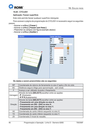 90	 Programação e Operação - Linha D - Siemens 828D	 T60356F
19. Ciclos fixos
19.20 - CYCLE61
Aplicação: Facear superfície
Este ciclo permite facear qualquer superfície retangular.
Para acessar a página de programação do CYCLE61 é necessário seguir os seguintes
passos:
- Acionar a softkey [ Fresar ]
- Acionar a softkey [ Facear com fresa ]
- Preencher os campos (ver figura-exemplo abaixo)
- Acionar a softkey [ Aceitar ]
Os dados a serem preenchidos são os seguintes:
RP Coordenada de retorno da ferramenta no eixo Z após o fim do ciclo
SC Distância segura (folga para aproximação - sem sinal)
F Avanço a ser utilizado durante o fresamento.
Usinagem
Através da tecla [SELECT] escolher entre as opções:
-▼ (Desbaste)
-▼▼▼(Acabamento)
Direção
Através da tecla [SELECT] escolher entre as opções:
- Fresamento em uma direção no eixo X.
- Fresamento em ZIG - ZAG no eixo X.
- Fresamento em uma direção no eixo Y.
- Fresamento em ZIG - ZAG no eixo Y.
X0 Coordenada do canto inferior esquerdo no eixo X.
Y0 Coordenada do canto inferior esquerdo no eixo Y.
Z0 Coordenada Z inicial do ressalto.
 