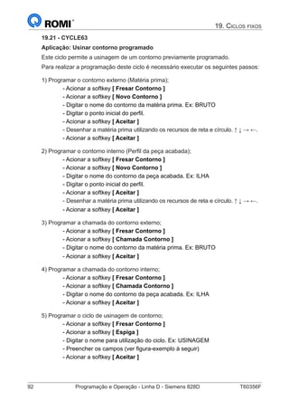 92	 Programação e Operação - Linha D - Siemens 828D	 T60356F
19. Ciclos fixos
19.21 - CYCLE63
Aplicação: Usinar contorno programado
Este ciclo permite a usinagem de um contorno previamente programado.
Para realizar a programação deste ciclo é necessário executar os seguintes passos:
1) Programar o contorno externo (Matéria prima);
		 - Acionar a softkey [ Fresar Contorno ]
		 - Acionar a softkey [ Novo Contorno ]
		 - Digitar o nome do contorno da matéria prima. Ex: BRUTO
		 - Digitar o ponto inicial do perfil.
	 	 - Acionar a softkey [ Aceitar ]
		 - Desenhar a matéria prima utilizando os recursos de reta e círculo. ↑ ↓ → ←.
	 	 - Acionar a softkey [ Aceitar ]
2) Programar o contorno interno (Perfil da peça acabada);
		 - Acionar a softkey [ Fresar Contorno ]
		 - Acionar a softkey [ Novo Contorno ]
		 - Digitar o nome do contorno da peça acabada. Ex: ILHA
		 - Digitar o ponto inicial do perfil.
	 	 - Acionar a softkey [ Aceitar ]
		 - Desenhar a matéria prima utilizando os recursos de reta e círculo. ↑ ↓ → ←.
		 - Acionar a softkey [ Aceitar ]
3) Programar a chamada do contorno externo;
		 - Acionar a softkey [ Fresar Contorno ]
		 - Acionar a softkey [ Chamada Contorno ]
		 - Digitar o nome do contorno da matéria prima. Ex: BRUTO
		 - Acionar a softkey [ Aceitar ]
4) Programar a chamada do contorno interno;
		 - Acionar a softkey [ Fresar Contorno ]
		 - Acionar a softkey [ Chamada Contorno ]
		 - Digitar o nome do contorno da peça acabada. Ex: ILHA
		 - Acionar a softkey [ Aceitar ]
5) Programar o ciclo de usinagem de contorno;
		 - Acionar a softkey [ Fresar Contorno ]
		 - Acionar a softkey [ Espiga ]
		 - Digitar o nome para utilização do ciclo. Ex: USINAGEM
		 - Preencher os campos (ver figura-exemplo à seguir)
		 - Acionar a softkey [ Aceitar ]
 