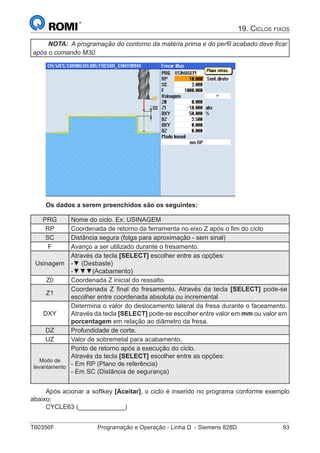 T60356F	 Programação e Operação - Linha D - Siemens 828D	 93
19. Ciclos fixos
NOTA: A programação do contorno da matéria prima e do perfil acabado deve ficar
após o comando M30.
Os dados a serem preenchidos são os seguintes:
PRG Nome do ciclo. Ex: USINAGEM
RP Coordenada de retorno da ferramenta no eixo Z após o fim do ciclo
SC Distância segura (folga para aproximação - sem sinal)
F Avanço a ser utilizado durante o fresamento.
Usinagem
Através da tecla [SELECT] escolher entre as opções:
-▼ (Desbaste)
-▼▼▼(Acabamento)
Z0 Coordenada Z inicial do ressalto.
Z1
Coordenada Z final do fresamento. Através da tecla [SELECT] pode-se
escolher entre coordenada absoluta ou incremental
DXY
Determina o valor do deslocamento lateral da fresa durante o faceamento.
Através da tecla [SELECT] pode-se escolher entre valor em mm ou valor em
porcentagem em relação ao diâmetro da fresa.
DZ Profundidade de corte.
UZ Valor de sobremetal para acabamento.
Modo de
levantamento
Ponto de retorno após a execução do ciclo.
Através da tecla [SELECT] escolher entre as opções:
- Em RP (Plano de referência)
- Em SC (Distância de segurança)
Após acionar a softkey [Aceitar], o ciclo é inserido no programa conforme exemplo
abaixo:
CYCLE63 (_____________)
 