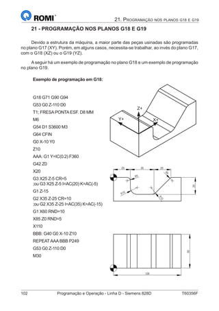 102	 Programação e Operação - Linha D - Siemens 828D	 T60356F
21. Programação nos planos g18 e g19
Y+
Z+
21 - PROGRAMAÇÃO NOS PLANOS G18 E G19
Devido a estrutura da máquina, a maior parte das peças usinadas são programadas
no plano G17 (XY). Porém, em alguns casos, necessita-se trabalhar, ao invés do plano G17,
com o G18 (XZ) ou o G19 (YZ).
A seguir há um exemplo de programação no plano G18 e um exemplo de programação
no plano G19.
Exemplo de programação em G18:
G18 G71 G90 G94
G53 G0 Z-110 D0
T1; FRESA PONTA ESF. D8 MM
M6
G54 D1 S3600 M3
G64 CFIN
G0 X-10 Y0
Z10
AAA: G1 Y=IC(0.2) F360
G42 Z0
X20
G3 X25 Z-5 CR=5
;ou G3 X25 Z-5 I=AC(20) K=AC(-5)
G1 Z-15
G2 X35 Z-25 CR=10
;ou G2 X35 Z-25 I=AC(35) K=AC(-15)
G1 X60 RND=10
X85 Z0 RND=5
X110
BBB: G40 G0 X-10 Z10
REPEATAAA BBB P249
G53 G0 Z-110 D0
M30
2535
25
R5
R10
R10
25
R5
100
50
X+
 