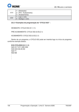 106	 Programação e Operação - Linha D - Siemens 828D	 T60356F
22. Moldes e matrizes
YYY
1 - (Desbaste)
2 - (Pré - Acabamento)
3 - (Acabamento)
ZZZ
1 - Liga o ciclo.
0 - Desliga o ciclo.
22.2.1 Exemplos de programação do “CYCLE 832” :
DESBASTE: CYCLE 832 (0.1,1,1)
PRÉ-ACABAMENTO: CYCLE 832 (0.05,2,1)
ACABAMENTO: CYCLE 832 (0.02,3,1)
Dentro de um programa, o CYCLE 832 pode ser inserido logo no início do programa
conforme exemplo abaixo:
N10 CYCLE832 (0.1,1,1)
N20 G17 G71 G90 G94
N30 G53 G0 Z0 D0
N40 T1
N50 M6
:
:
:
 