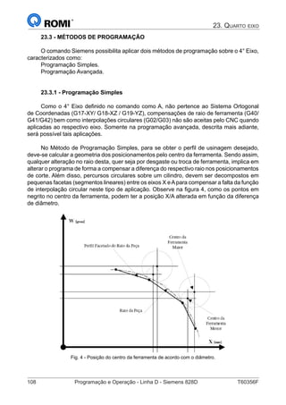 108	 Programação e Operação - Linha D - Siemens 828D	 T60356F
23. Quarto eixo
23.3 - MÉTODOS DE PROGRAMAÇÃO
O comando Siemens possibilita aplicar dois métodos de programação sobre o 4° Eixo,
caracterizados como:
Programação Simples.
Programação Avançada.
23.3.1 - Programação Simples
Como o 4° Eixo definido no comando como A, não pertence ao Sistema Ortogonal
de Coordenadas (G17-XY/ G18-XZ / G19-YZ), compensações de raio de ferramenta (G40/
G41/G42) bem como interpolações circulares (G02/G03) não são aceitas pelo CNC quando
aplicadas ao respectivo eixo. Somente na programação avançada, descrita mais adiante,
será possível tais aplicações.
No Método de Programação Simples, para se obter o perfil de usinagem desejado,
deve-se calcular a geometria dos posicionamentos pelo centro da ferramenta. Sendo assim,
qualquer alteração no raio desta, quer seja por desgaste ou troca de ferramenta, implica em
alterar o programa de forma a compensar a diferença do respectivo raio nos posicionamentos
de corte. Além disso, percursos circulares sobre um cilindro, devem ser decompostos em
pequenas facetas (segmentos lineares) entre os eixos X eApara compensar a falta da função
de interpolação circular neste tipo de aplicação. Observe na figura 4, como os pontos em
negrito no centro da ferramenta, podem ter a posição X/A alterada em função da diferença
de diâmetro.
Fig. 4 - Posição do centro da ferramenta de acordo com o diâmetro.
 