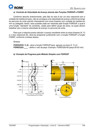 T60356F	 Programação e Operação - Linha D - Siemens 828D	 109
23. Quarto eixo
a) Controle da Velocidade de Avanço através das Funções FGROUP e FGREF.
Conforme descrito anteriormente, pelo fato do eixo A ser um eixo rotacional com a
unidade de medida em grau, não se consegue uma velocidade de avanço uniforme ao longo
do percurso de corte quando interpolando com eixos lineares com unidade de medida em
mm ou polegada. Assim, essa questão pode ser resolvida pela função FGROUP, a qual é
uma função “standard” do comando, usada para definir grupo de eixos, os quais devem
trabalhar sob a mesma velocidade de avanço no percurso de corte.
Para que a máquina possa calcular o avanço resultante entre os eixos lineares (X, Y)
e o eixo rotacional (A), deve-se programar juntamente com a função FGROUP a função
FGREF, conforme a sintaxe abaixo:
Sintaxe:
FGROUP(X, Y, A) - ativa a função FGROUP para agrupar os eixos X, Y e A
FGREF[A]=____ - define o raio da peça. Exemplo: FGREF[A]=60 (peça Ø120 mm)
b) Exemplo de Programa pelo Método Simples com FGROUP
A +
 