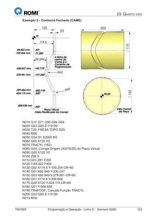 T60356F	 Programação e Operação - Linha D - Siemens 828D	 123
23. Quarto eixo
Exemplo 5 - Contorno Fechado (CAME)
20
120
162
-230.037 mm-230.037 mm-230.037 mm-230.037 mm
-399.684 mm-399.684 mm-399.684 mm-399.684 mm
-109.254 mm-109.254 mm-109.254 mm-109.254 mm
-278.901 mm-278.901 mm-278.901 mm-278.901 mm
0º0º0º0º
-508.938 mm-508.938 mm-508.938 mm-508.938 mm
-424.115 mm-424.115 mm-424.115 mm-424.115 mm
-60°-60°-60°-60°
-77.282°-77.282°-77.282°-77.282°
-162.718°-162.718°-162.718°-162.718°
-197.282°-197.282°-197.282°-197.282°
-282.718°-282.718°-282.718°-282.718°
-300°-300°-300°-300°
-360°-360°-360°-360°
-84.822 mm-84.822 mm-84.822 mm-84.822 mm
A linha deA linha deA linha deA linha de
centro docentro docentro docentro do
Came é oCame é oCame é oCame é o
Caminho deCaminho deCaminho deCaminho de
ProgramaçãoProgramaçãoProgramaçãoProgramação
200
175
da Peçada Peçada Peçada Peça
Vista FrontalVista FrontalVista FrontalVista Frontal
Y0/Z0Y0/Z0Y0/Z0Y0/Z0
Plano VirtualPlano VirtualPlano VirtualPlano Virtual
(Vista Planificada do Came)(Vista Planificada do Came)(Vista Planificada do Came)(Vista Planificada do Came)
60.949
114.8
R60
R60
N010 G17 G71 G90 G94 G64
N020 G53 G00 Z-110 D0
N030 T20; FRESA TOPO D20
N040 M06
N050 G54 D1 S2000 M3
N060 G00 X120 Y0
N070 TRACYL (162)
N080 G54; Corrige Origem (X0/Y0/Z0) do Plano Virtual
N090 G00 X120 Y0
N100 Z92.5	
N110 G01 Z81 F200	
N120 Y-84.822 F400
N130 G02 X114.8 Y-109.254 CR=60
N140 G01 X60.949 Y-230.037
N150 G03 X60.949 Y-278.901 CR=60
N160 G01 X114.8 Y-399.684
N170 G02 X120 Y-424.115 CR=60
N180 G01 Y-508.938
N190 TRAFOOF; Cancela Função TRACYL
N200 G53 G00 Z-110 D0
N210 M30
 