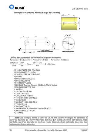 124	 Programação e Operação - Linha D - Siemens 828D	 T60356F
23. Quarto eixo
Exemplo 6 - Contorno Aberto (Rasgo de Chaveta)
25
8030
30°
mm26,18
15Fer.
30°
R45
Y0/Z0Y0/Z0Y0/Z0Y0/Z0
Vista Frontal da PeçaVista Frontal da PeçaVista Frontal da PeçaVista Frontal da Peça
(0º)(0º)(0º)(0º)
100
8030
AAAA BBBB
Plano Virtual XYPlano Virtual XYPlano Virtual XYPlano Virtual XY
(Vista Planificada do Rasgo)(Vista Planificada do Rasgo)(Vista Planificada do Rasgo)(Vista Planificada do Rasgo)
Cálculo da Coordenada do centro do Rasgo em milímetros:
mmXXmm
Xmm
mm
mmPerímetroPerímetrodiâmetroPerímetro
18,26
360
16,31430
º30
º36016,314
16,314100
=→
×
=→=
=→×=→×= ππ
N010 G17 G71 G90 G94 G64
N020 G53 G00 Z-110 D0
N030 T20; FRESA TOPO D15
N040 M6
N050 G54 D1 S1000 M3
N060 G00 X30 Y0
N070 TRACYL (90)
N080 G54; Corrige Origem (XYZ) do Plano Virtual
N090 G00 X30 Y26.180
N100 Z55
N110 G01 Z45 F100
N120 X110 F200
N130 G41 G1 Y13.68
N140 G3 Y38.68 CR=12.5
N150 G1 X30
N160 G3 Y13.68 CR=12.5
N170 G1 X110
N180 G40 Y26.18
N190 TRAFOOF; Desativa função TRACYL
N200 G53 G0 Z-110 D0
N210 M30
Nota: No exemplo acima, o valor de 26.18 mm (centro do rasgo), foi calculado a
partir do diâmetro de 100 mm (diâmetro externo). Em outras situações, este cálculo pode
ser feito a partir do diâmetro do fundo do rasgo, dependendo da aplicação da peça e das
cotas presentes no desenho.
 