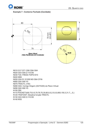 T60356F	 Programação e Operação - Linha D - Siemens 828D	 125
23. Quarto eixo
Exemplo 7 - Contorno Fechado (Cavidade)
R30
80
76 70mm
(53,48°)
R70
Y0/Z0Y0/Z0Y0/Z0Y0/Z0
(Vista Planificada da Cavidade)(Vista Planificada da Cavidade)(Vista Planificada da Cavidade)(Vista Planificada da Cavidade)
Plano VirtualPlano VirtualPlano VirtualPlano Virtual
150
N010 G17 G71 G90 G94 G64
N020 G53 G00 Z-110 D0
N030 T20; FRESA TOPO D10
N040 M06
N050 G54 D1 S1000 M3 G64 CFIN
N060 G00 X80 Y0
N070 TRACYL (140)
N080 G54; Corrige Origem (X0/Y0/Z0) do Plano Virtual
N090 G00 X80 Y0
N100 Z80	
N110 POCKET3(80,75,0.5,70,76,70,30,80,0,0,2.5,0,0,800,150,3,31,7,,,,5,)
N120 TRAFOOF; Desativa função TRACYL
N130 G53 G00 Z-110 D0
N140 M30
 