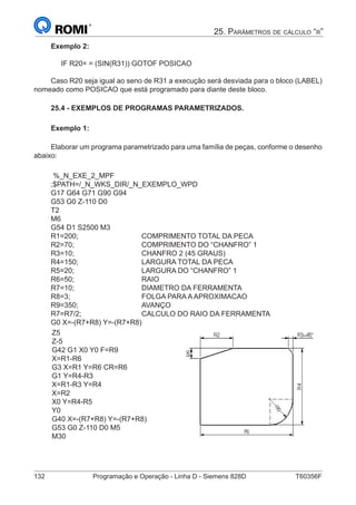 132	 Programação e Operação - Linha D - Siemens 828D	 T60356F
25. Parâmetros de cálculo “r”
Exemplo 2:	
IF R20= = (SIN(R31)) GOTOF POSICAO
Caso R20 seja igual ao seno de R31 a execução será desviada para o bloco (LABEL)
nomeado como POSICAO que está programado para diante deste bloco.
25.4 - EXEMPLOS DE PROGRAMAS PARAMETRIZADOS.
Exemplo 1:
Elaborar um programa parametrizado para uma família de peças, conforme o desenho
abaixo:
%_N_EXE_2_MPF
;$PATH=/_N_WKS_DIR/_N_EXEMPLO_WPD
G17 G64 G71 G90 G94
G53 G0 Z-110 D0
T2
M6
G54 D1 S2500 M3
R1=200;			 COMPRIMENTO TOTAL DA PECA
R2=70;				 COMPRIMENTO DO “CHANFRO” 1
R3=10;				 CHANFRO 2 (45 GRAUS)
R4=150;			 LARGURA TOTAL DA PECA
R5=20;				 LARGURA DO “CHANFRO” 1
R6=50;				RAIO
R7=10;				DIAMETRO DA FERRAMENTA
R8=3;				FOLGA PARA A APROXIMACAO
R9=350;			AVANÇO
R7=R7/2;			 CALCULO DO RAIO DA FERRAMENTA
G0 X=-(R7+R8) Y=-(R7+R8)
Z5
Z-5
G42 G1 X0 Y0 F=R9
X=R1-R6
G3 X=R1 Y=R6 CR=R6
G1 Y=R4-R3
X=R1-R3 Y=R4
X=R2
X0 Y=R4-R5
Y0
G40 X=-(R7+R8) Y=-(R7+R8)
G53 G0 Z-110 D0 M5
M30
 