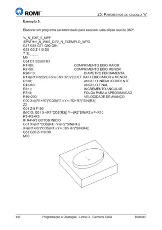 136	 Programação e Operação - Linha D - Siemens 828D	 T60356F
25. Parâmetros de cálculo “r”
Exemplo 5:
Elaborar um programa parametrizado para executar uma elipse real de 360º.
%_N_EXE_5_MPF
;$PATH=/_N_WKS_DIR/_N_EXEMPLO_WPD
G17 G64 G71 G90 G94
G53 G0 Z-110 D0
T18;_____
M6
G54 D1 S3500 M3
R1=80;					COMPRIMENTO EIXO MAIOR
R2=50;					COMPRIMENTO EIXO MENOR
R20=10;					DIAMETRO FERRAMENTA
R1=((R1+R20)/2) R2=((R2+R20)/2);DEF RAIO EIXO MAIOR e MENOR
R3=0;						ANGULO INICIAL/CORRENTE
R4=360;					ANGULO FINAL
R5=1;						INCREMENTO ANGULAR
R7=3;						FOLGA PARA A APROXIMACAO
R10=200;					VELOCIDADE DE AVANÇO
G00 X=((R1+R7)*COS(R3)) Y=((R2+R7)*SIN(R3))
Z2
G01 Z-5 F150
INICIO: G01 X=(R1*COS(R3)) Y=-(R2*SIN(R3)) F=R10
R3=R3+R5
IF R4R3 GOTOB INICIO
G01 X=(R1*COS(R4)) Y=(R2*SIN(R4))
X=((R1+R7)*COS(R4)) Y=((R2+R7)*SIN(R4))
G53 G00 Z-110 D0
M30
				
 