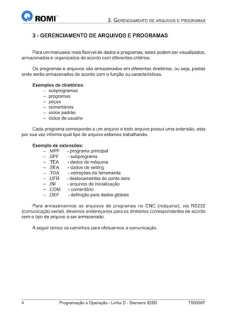 4	 Programação e Operação - Linha D - Siemens 828D	 T60356F
3. Gerenciamento de arquivos e programas
3 - GERENCIAMENTO DE ARQUIVOS E PROGRAMAS
Para um manuseio mais flexível de dados e programas, estes podem ser visualizados,
armazenados e organizados de acordo com diferentes critérios.
Os programas e arquivos são armazenados em diferentes diretórios, ou seja, pastas
onde serão armazenados de acordo com a função ou características.
Exemplos de diretórios:
–– subprogramas
–– programas
–– peças
–– comentários
–– ciclos padrão
–– ciclos de usuário
Cada programa corresponde a um arquivo e todo arquivo possui uma extensão, esta
por sua vez informa qual tipo de arquivo estamos trabalhando.
Exemplo de extensões:
–– .MPF - programa principal
–– .SPF - subprograma
–– .TEA - dados de máquina
–– .SEA - dados de setting
–– .TOA - correções da ferramenta
–– .UFR - deslocamentos do ponto zero
–– .INI - arquivos de inicialização
–– .COM - comentário
–– .DEF - definição para dados globais
Para armazenarmos os arquivos de programas no CNC (máquina), via RS232
(comunicação serial), devemos endereça-los para os diretórios correspondentes de acordo
com o tipo de arquivo a ser armazenado.
A seguir temos os caminhos para efetuarmos a comunicação.
 