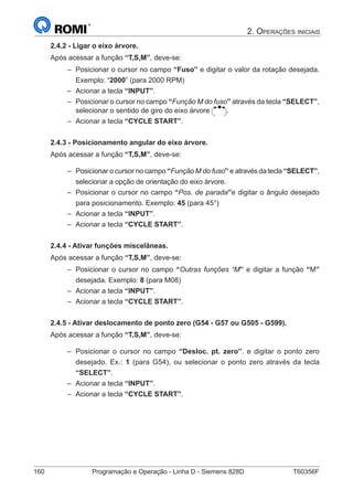 160	 Programação e Operação - Linha D - Siemens 828D	 T60356F
2. Operações iniciais
2.4.2 - Ligar o eixo árvore.
Após acessar a função “T,S,M”, deve-se:
–– Posicionar o cursor no campo “Fuso” e digitar o valor da rotação desejada.
Exemplo: “2000” (para 2000 RPM)
–– Acionar a tecla “INPUT”.
–– Posicionar o cursor no campo “Função M do fuso” através da tecla “SELECT”,
selecionar o sentido de giro do eixo árvore .
–– Acionar a tecla “CYCLE START”.
2.4.3 - Posicionamento angular do eixo árvore.
Após acessar a função “T,S,M”, deve-se:
–– Posicionar o cursor no campo “Função M do fuso” e através da tecla “SELECT”,
selecionar a opção de orientação do eixo árvore.
–– Posicionar o cursor no campo “Pos. de parada”e digitar o ângulo desejado
para posicionamento. Exemplo: 45 (para 45°)
–– Acionar a tecla “INPUT”.
–– Acionar a tecla “CYCLE START”.
2.4.4 - Ativar funções miscelâneas.
Após acessar a função “T,S,M”, deve-se:
–– Posicionar o cursor no campo “Outras funções “M” e digitar a função “M”
desejada. Exemplo: 8 (para M08)
–– Acionar a tecla “INPUT”.
–– Acionar a tecla “CYCLE START”.
2.4.5 - Ativar deslocamento de ponto zero (G54 - G57 ou G505 - G599).
Após acessar a função “T,S,M”, deve-se:
–– Posicionar o cursor no campo “Desloc. pt. zero”. e digitar o ponto zero
desejado. Ex.: 1 (para G54), ou selecionar o ponto zero através da tecla
“SELECT”.
–– Acionar a tecla “INPUT”.
–– Acionar a tecla “CYCLE START”.
 