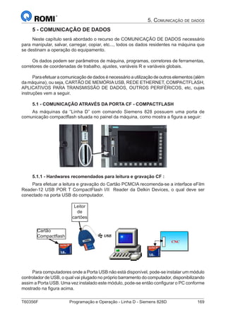 T60356F	 Programação e Operação - Linha D - Siemens 828D	 169
5. Comunicação de dados
5 - COMUNICAÇÃO DE DADOS
Neste capítulo será abordado o recurso de COMUNICAÇÃO DE DADOS necessário
para manipular, salvar, carregar, copiar, etc..., todos os dados residentes na máquina que
se destinam a operação do equipamento.
Os dados podem ser parâmetros de máquina, programas, corretores de ferramentas,
corretores de coordenadas de trabalho, ajustes, variáveis R e variáveis globais.
Para efetuar a comunicação de dados é necessário a utilização de outros elementos (além
da máquina), ou seja, CARTÃO DE MEMÓRIA USB, REDE ETHERNET, COMPACTFLASH,
APLICATIVOS PARA TRANSMISSÃO DE DADOS, OUTROS PERIFÉRICOS, etc, cujas
instruções vem a seguir.
5.1 - COMUNICAÇÃO ATRAVÉS DA PORTA CF - COMPACTFLASH
As máquinas da “Linha D” com comando Siemens 828 possuem uma porta de
comunicação compactflash situada no painel da máquina, como mostra a figura a seguir:
5.1.1 - Hardwares recomendados para leitura e gravação CF :
Para efetuar a leitura e gravação do Cartão PCMCIA recomenda-se a interface eFilm
Reader-12 USB POR T CompactFlash I/II Reader da Delkin Devices, o qual deve ser
conectado na porta USB do computador.
Computador PC com Interface USB e CompactFlash
Adaptador CompactFlash →→→→ PCMCIA
CNC
Computador PC com Interface USB e CompactFlash
Adaptador CompactFlash →→→→ PCMCIA
CNC
Computador PC com Interface USB e Compact
Adaptador CompactFlash →→→→ PCMCIA
Cartão
Compactflash
Leitor
de
cartões
Para computadores onde a Porta USB não está disponível, pode-se instalar um módulo
controlador de USB, o qual vai plugado no próprio barramento do computador, disponibilizando
assim a Porta USB. Uma vez instalado este módulo, pode-se então configurar o PC conforme
mostrado na figura acima.
 