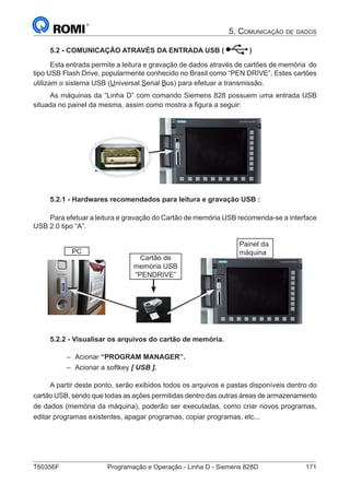 T60356F	 Programação e Operação - Linha D - Siemens 828D	 171
5. Comunicação de dados
5.2 - COMUNICAÇÃO ATRAVÉS DA ENTRADA USB ( )
Esta entrada permite a leitura e gravação de dados através de cartões de memória do
tipo USB Flash Drive, popularmente conhecido no Brasil como “PEN DRIVE”. Estes cartões
utilizam o sistema USB (Universal Serial Bus) para efetuar a transmissão.
As máquinas da “Linha D” com comando Siemens 828 possuem uma entrada USB
situada no painel da mesma, assim como mostra a figura a seguir:
5.2.1 - Hardwares recomendados para leitura e gravação USB :
Para efetuar a leitura e gravação do Cartão de memória USB recomenda-se a interface
USB 2.0 tipo “A”.
Cartão de
memória USB
“PENDRIVE”
Painel da
máquinaPC
5.2.2 - Visualisar os arquivos do cartão de memória.
–– Acionar “PROGRAM MANAGER”.
–– Acionar a softkey [ USB ].
A partir deste ponto, serão exibidos todos os arquivos e pastas disponíveis dentro do
cartão USB, sendo que todas as ações permitidas dentro das outras áreas de armazenamento
de dados (memória da máquina), poderão ser executadas, como criar novos programas,
editar programas existentes, apagar programas, copiar programas, etc...
 