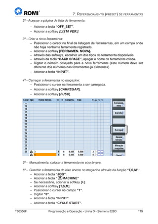 T60356F	 Programação e Operação - Linha D - Siemens 828D	 179
7. Referenciamento (preset) de ferramentas
2º - Acessar a página de lista de ferramenta:
–– Acionar a tecla “OFF_SET”.
–– Acionar a softkey [LISTA FER.].
3º - Criar a nova ferramenta:
–– Posicionar o cursor no final da listagem de ferramentas, em um campo onde
não haja nenhuma ferramenta registrada.
–– Acionar a softkey [FERRAMEN. NOVA].
–– Através das softkeys, escolher um dos tipos de ferramenta disponíveis.
–– Através da tecla “BACK SPACE”, apagar o nome da ferramenta criada.
–– Digitar o número desejado para a nova ferramenta (este número deve ser
diferente dos números das ferramentas já existentes).
–– Acionar a tecla “INPUT”.
4º - Carregar a ferramenta no magazine:
–– Posicionar o cursor na ferramenta a ser carregada.
–– Acionar a softkey [CARREGAR].
–– Acionar a softkey [FUSO].
5º - Manualmente, colocar a ferramenta no eixo árvore.
6º - Guardar a ferramenta do eixo árvore no magazine através da função “T,S,M”:
–– Acionar a tecla “JOG”.
–– Acionar a tecla “ M MACHINE”
–– Se necessário, acionar a softkey [].
–– Acionar a softkey [T,S,M].
–– Posicionar o cursor no campo “T”.
–– Digitar “0”.
–– Acionar a tecla “INPUT”.
–– Acionar a tecla “CYCLE START”.
 