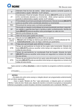 T60356F	 Programação e Operação - Linha D - Siemens 828D	 47
19. Ciclos fixos
Ø
Diâmetro final do furo de centro. (Este campo aparece somente quando é
selecionada a opção “diâmetro” no 6º campo).
Z1
Coordenada Z final da furação. Através da tecla [SELECT] pode-se escolher
entre coordenada absoluta ou incremental. (Este campo aparece somente
quando é selecionada a opção “ponta” no 6º campo).
D
Profundidade da primeira penetração da ferramenta.Através da tecla [SELECT]
pode-se escolher entre coordenada absoluta ou incremental.
FD1 Percentual de avanço para a primeira penetração.
DF
Diminuiçãoemrelaçãoaprofundidadedaprimeirapenetraçãoparafazerasegunda,
em relação a segunda para fazer a terceira,e assim sucessivamente. Através da
tecla [SELECT] pode-se escolher entre porcentagem ou valor em mm.
V1 Mínima profundidade de corte.
V2 Valor de recuo para quebra de cavaco.
Dist. par.
prévia
Através da tecla [SELECT] escolher entre as opções:
- Manual (valor de folga ao retornar para dentro do furo é inserido através de V3)
- Automaticamente (valor da folga é definida por parâmetro)
V3 Folga para aproximação após eliminar o cavaco.
DTB
Tempo de permanência no fundo do furo após cada incremento. Através da
tecla [SELECT] pode-se escolher entre tempo em segundos ou número de
voltas do eixo árvore.
DT
Tempo de permanência na coordenada final da furação. Através da tecla
[SELECT] pode-se escolher entre tempo em segundos ou número de voltas
do eixo árvore.
DTS
Tempo de permanência fora do furo após cada eliminação de cavaco. Através
da tecla [SELECT] pode-se escolher entre tempo em segundos ou número de
voltas do eixo árvore.
Após acionar a softkey [Aceitar], o ciclo é inserido no programa conforme exemplo a
seguir:
CYCLE83 (______________)
NOTAS:
- Os dados de corte como avanço e rotação devem ser programados anteriormente
em um bloco separado.
- Caso a opção “Modelo de Pos.” seja selecionada, a máquina gera um comando
“MCALL” antes do ciclo. Neste caso, depois de inserido o comando no programa, é necessário
informar as posições a serem furadas e terminar novamente com o comando “MCALL”.
 