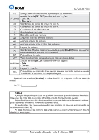 T60356F	 Programação e Operação - Linha D - Siemens 828D	 71
19. Ciclos fixos
FZ Avanço a ser utilizado durante a penetração da ferramenta.
7º Campo
Através da tecla [SELECT] escolher entre as opções:
- Círc. int.
- Círc. parc.
X0 Coordenada do centro do círculo no eixo X.
Y0 Coordenada do centro do círculo no eixo Y.
Z0 Coordenada Z inicial da ranhura.
N Quantidade de ranhuras.
R Raio até o centro da ranhura.
α0 Ângulo de início da primeira ranhura.
α1 Abertura angular da ranhura.
α2 Abertura angular entre o início das ranhuras.
W Largura da ranhura
Z1
Coordenada Z final do fresamento.Através da tecla [SELECT] pode-se escolher
entre coordenada absoluta ou incremental
DZ Profundidade de corte.
UXY Valor de sobremetal para acabamento nas paredes da bolsa.
posicionar
Através da tecla [SELECT] escolher entre as opções:
- Reta
- Círculo
FS Largura do chanfro
ZFS
Profundidade de inserção. Este campo aparece somente quando a opção
“CHANFRO” é escolhida no campo usinagem.
Após acionar a softkey [Aceitar], o ciclo é inserido no programa conforme exemplo
abaixo:
SLOT2 (_____________)
NOTAS:
A posição de aproximação pode ser qualquer uma desde que não haja risco de colisão.
Os pontos de início dos rasgos são atingidos através de movimentos rápidos
Antes de ativarmos o ciclo devemos ativar o corretor da ferramenta correspondente,
pois o comando monitora a ferramenta durante o ciclo.
Os parâmetros não necessários podem ser omitidos no bloco de programação ou
receberem valor zero (0).
No caso de violação do contorno dos furos oblongos, surgirá uma mensagem de erro
abortando a usinagem.
 