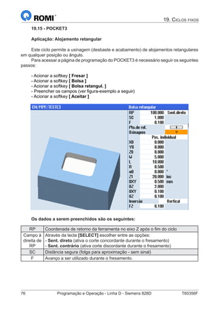 76	 Programação e Operação - Linha D - Siemens 828D	 T60356F
19. Ciclos fixos
19.15 - POCKET3
Aplicação: Alojamento retangular
Este ciclo permite a usinagem (desbaste e acabamento) de alojamentos retangulares
em qualquer posição ou ângulo.
Para acessar a página de programação do POCKET3 é necessário seguir os seguintes
passos:
- Acionar a softkey [ Fresar ]
- Acionar a softkey [ Bolsa ]
- Acionar a softkey [ Bolsa retangul. ]
- Preencher os campos (ver figura-exemplo a seguir)
- Acionar a softkey [ Aceitar ]
Os dados a serem preenchidos são os seguintes:
RP Coordenada de retorno da ferramenta no eixo Z após o fim do ciclo
Campo à
direita de
RP
Através da tecla [SELECT] escolher entre as opções:
- Sent. direto (ativa o corte concordante durante o fresamento)
- Sent. contrário (ativa corte discordante durante o fresamento)
SC Distância segura (folga para aproximação - sem sinal)
F Avanço a ser utilizado durante o fresamento.
 