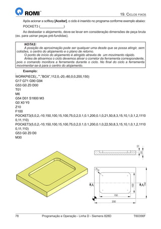 78	 Programação e Operação - Linha D - Siemens 828D	 T60356F
19. Ciclos fixos
Após acionar a softkey [Aceitar], o ciclo é inserido no programa conforme exemplo abaixo:
POCKET3 (_____________)
Ao desbastar o alojamento, deve-se levar em consideração dimensões de peça bruta
(ex. para usinar peças pré-fundidas).
NOTAS:
A posição de aproximação pode ser qualquer uma desde que se possa atingir, sem
colisões, o centro do alojamento e o plano de retorno.
O ponto de início do alojamento é atingido através de um movimento rápido.
Antes de ativarmos o ciclo devemos ativar o corretor da ferramenta correspondente,
pois o comando monitora a ferramenta durante o ciclo. No final do ciclo a ferramenta
movimentar-se-á para o centro do alojamento.
Exemplo:
:
WORKPIECE(,,””,”BOX”,112,0,-20,-80,0,0,200,150)
G17 G71 G90 G94
G53 G0 Z0 D00
T01
M6
G54 D01 S1800 M3
G0 X0 Y0
Z10
F100
POCKET3(5,0,2,-10,150,100,15,100,75,0,2,0.1,0.1,200,0.1,0,21,50,8,3,15,10,1,0,1,2,1110
0,11,110)
POCKET3(5,0,2,-10,150,100,15,100,75,0,2,0.1,0.1,200,0.1,0,22,50,8,3,15,10,1,0,1,2,1110
0,11,110)
G53 G0 Z0 D0
M30
150
100
150
200
R15
A A
20
10
100
150
200
R15
A
 